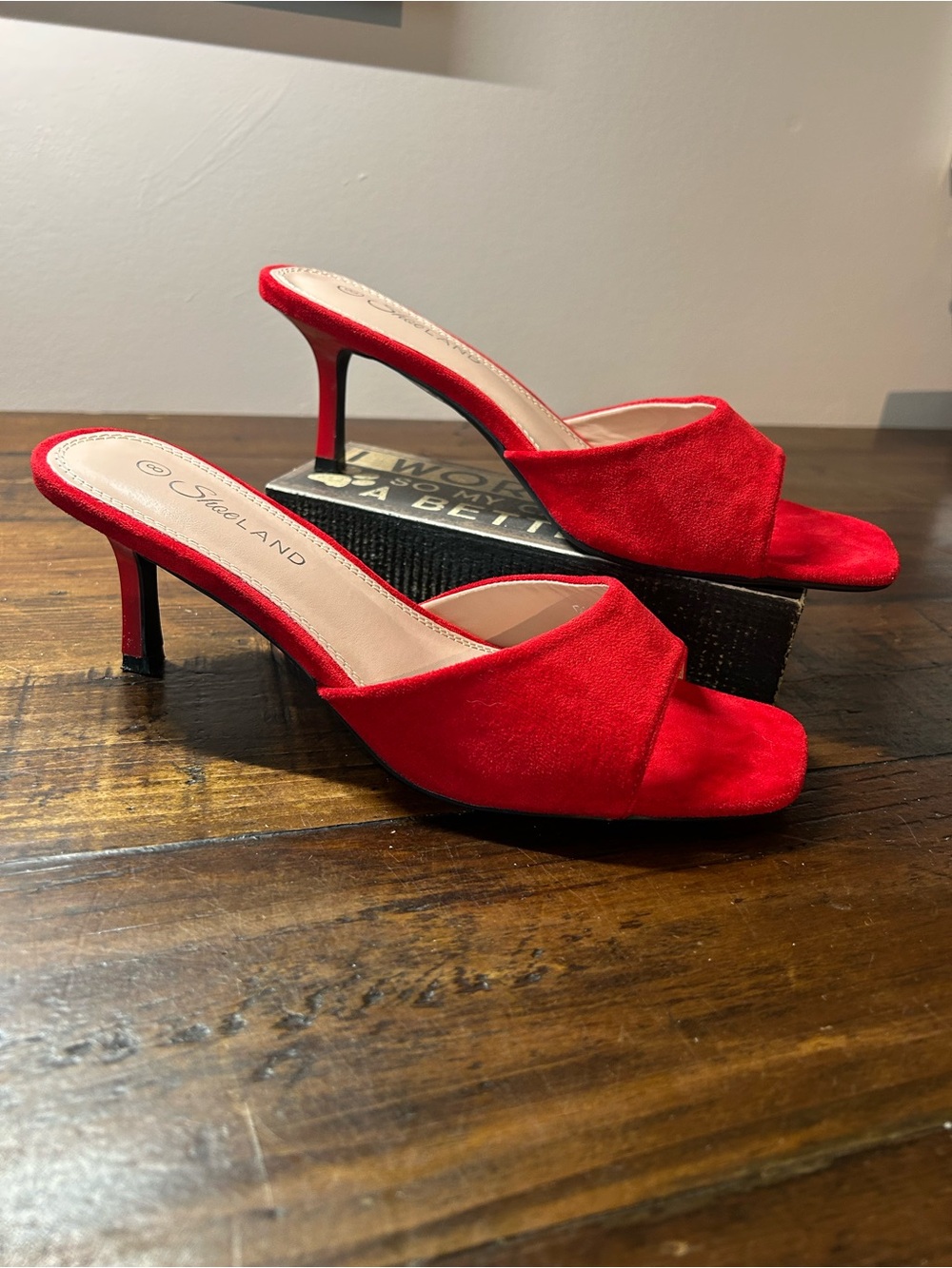 Shoeland Red Suede look Open-Toe Kitten Heel Mules